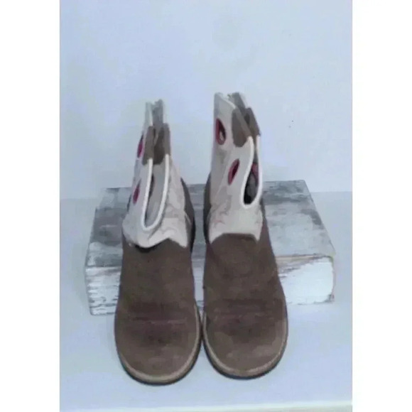 Ariat Cowgirl Boots Pink Brown Embroidered Leather Size 1.5 Teen Fatboy Style - Picture 4 of 11